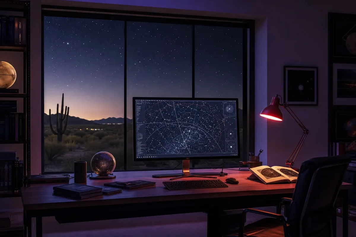 Night-sky editorial research scene with star charts on screen