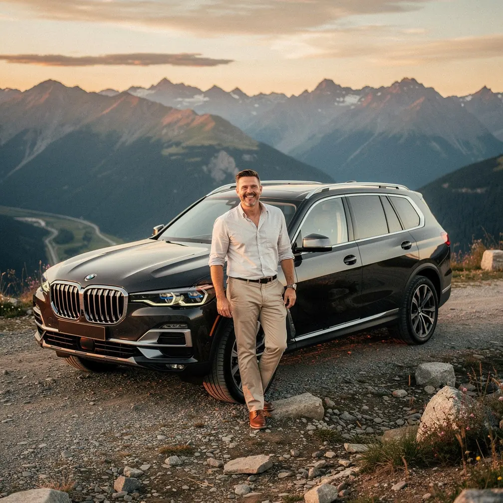 Scenic view of a luxury car driving along a coastal highway with ocean and cliffs in the background